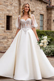 Ivory A Line Lace Half Sleeve Wedding Dress
