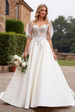 Ivory A Line Lace Half Sleeve Wedding Dress