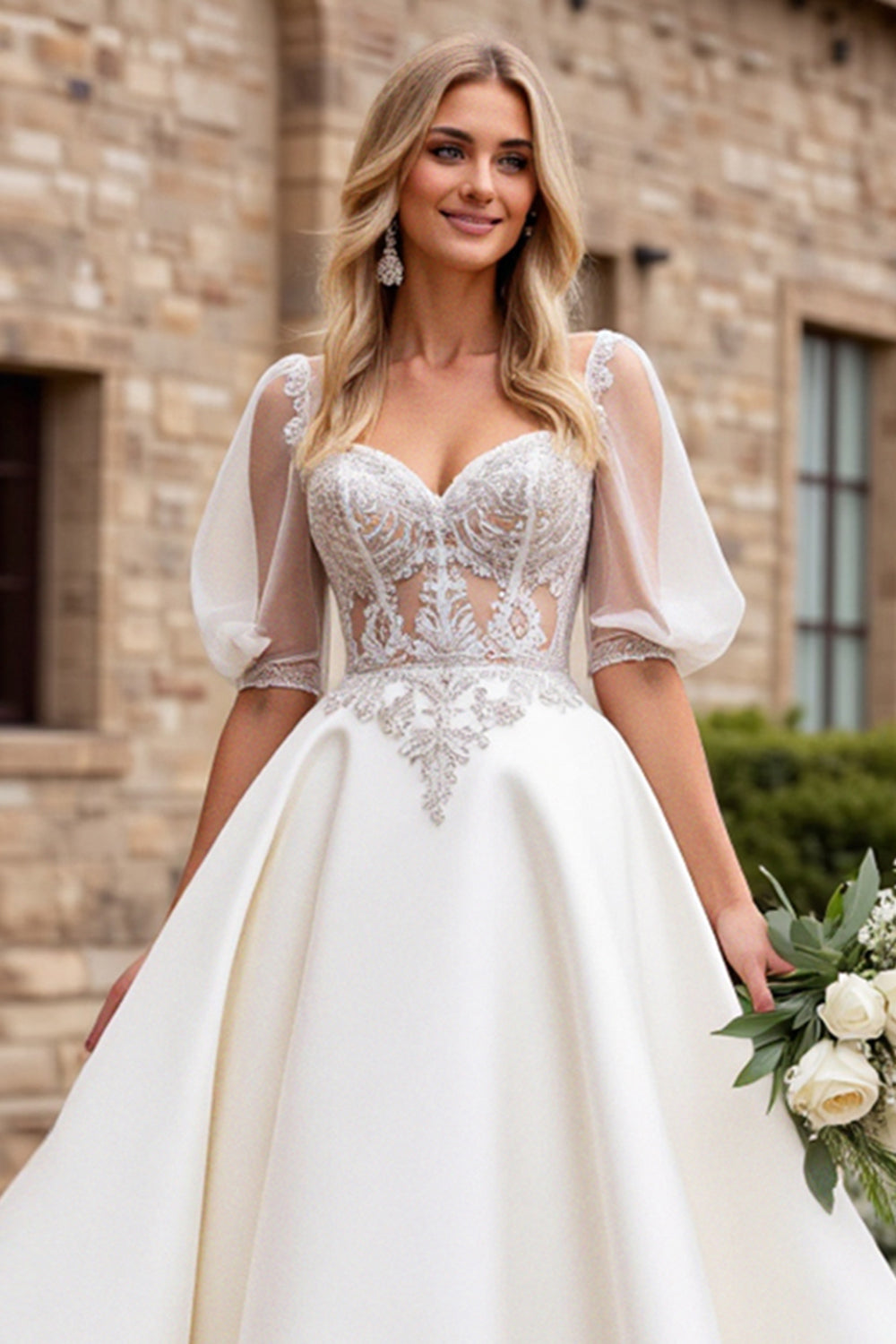 Ivory A Line Lace Half Sleeve Wedding Dress