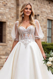 Ivory A Line Lace Half Sleeve Wedding Dress