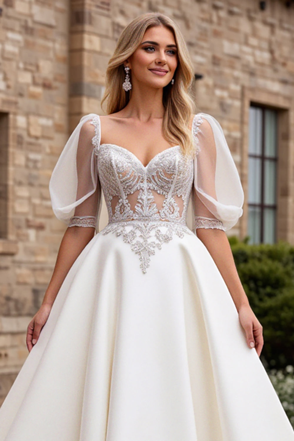 Ivory A Line Lace Half Sleeve Wedding Dress