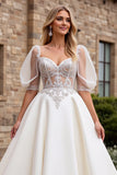 Ivory A Line Lace Half Sleeve Wedding Dress