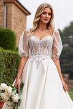 Ivory A Line Lace Half Sleeve Wedding Dress