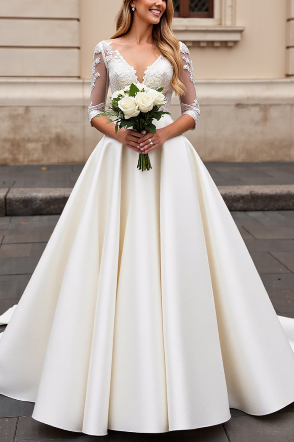 Ivory Lace Half Sleeve A Line Wedding Dress