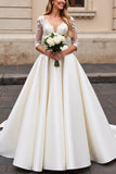 Ivory Lace Half Sleeve A Line Wedding Dress