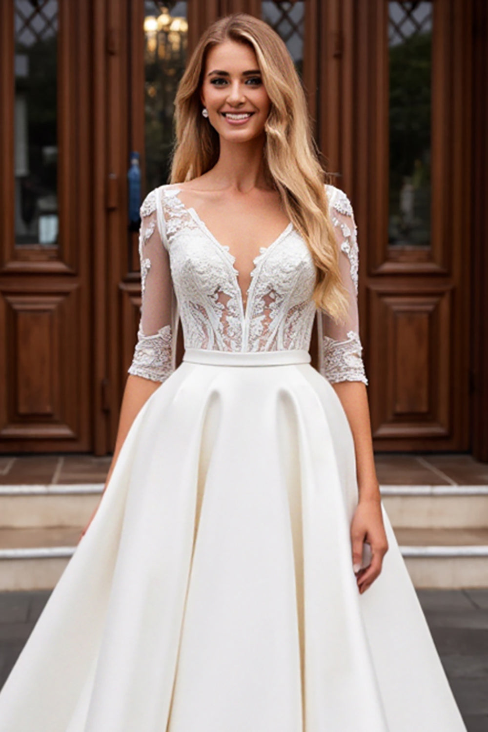 Ivory Lace Half Sleeve A Line Wedding Dress