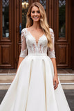 Ivory Lace Half Sleeve A Line Wedding Dress
