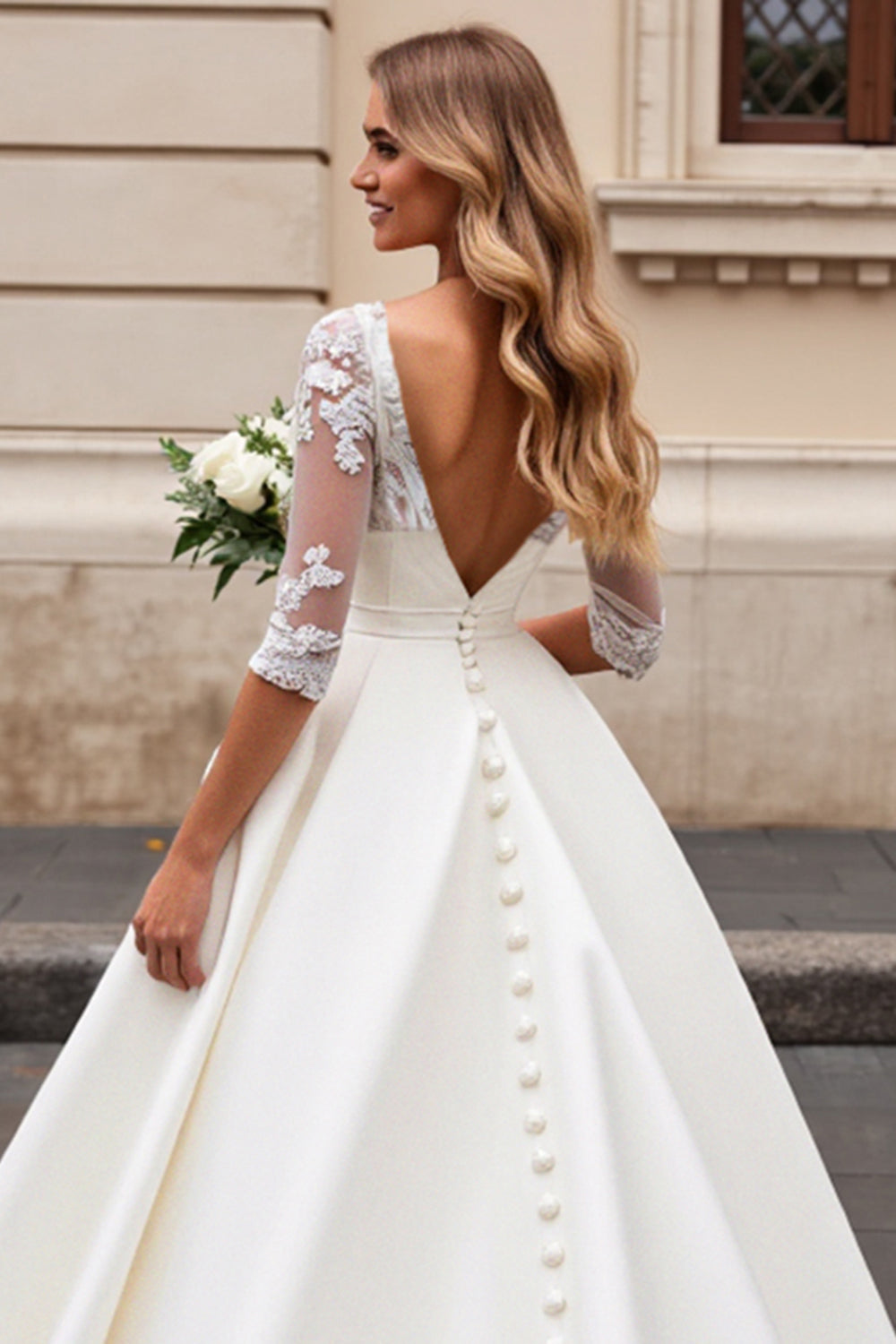 Ivory Lace Half Sleeve A Line Wedding Dress