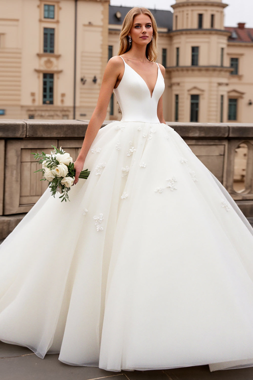 Ivory Spaghetti Straps Lace Tulle Ball-Gown Wedding Dress