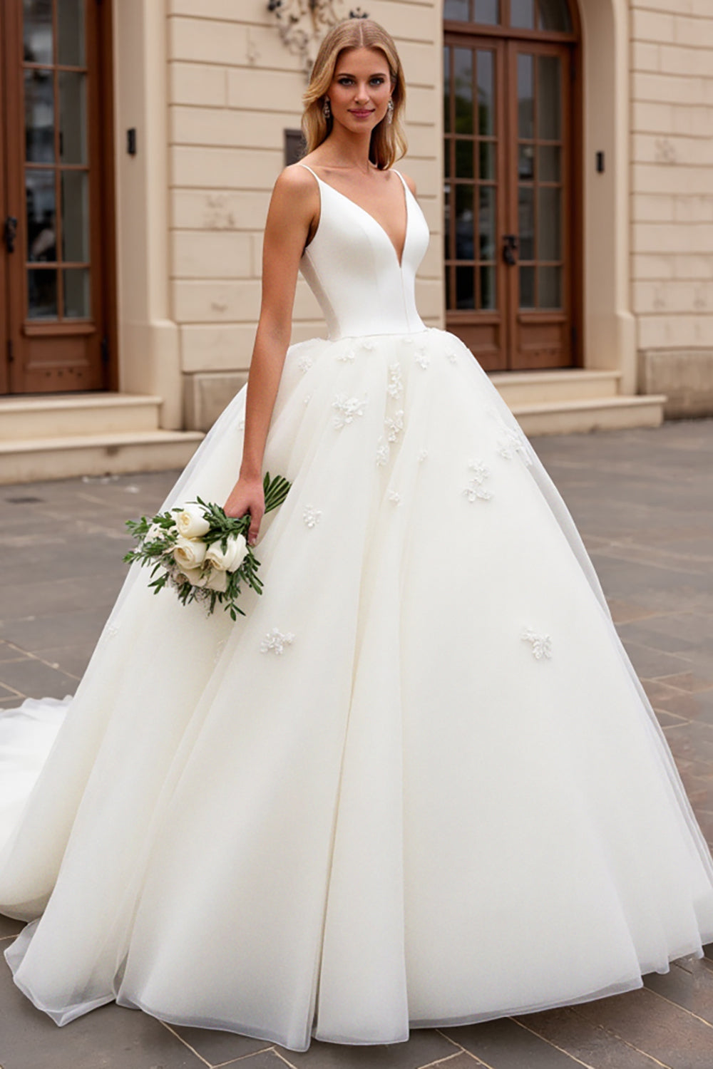 Ivory Spaghetti Straps Lace Tulle Ball-Gown Wedding Dress