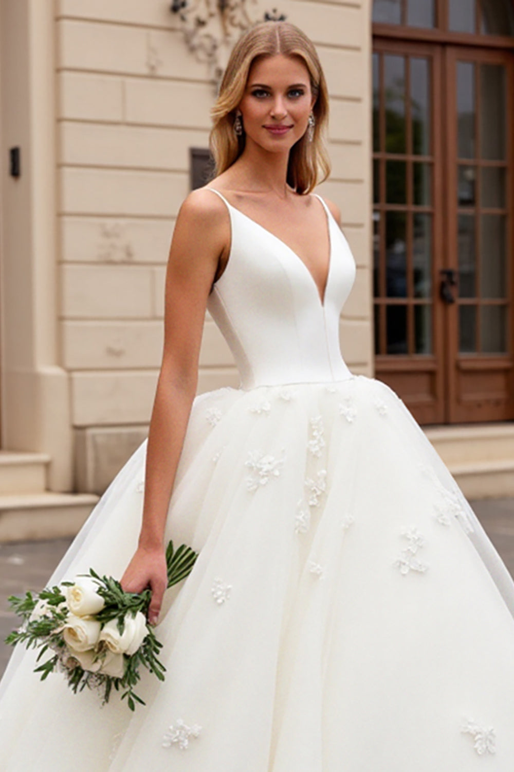 Ivory Spaghetti Straps Lace Tulle Ball-Gown Wedding Dress