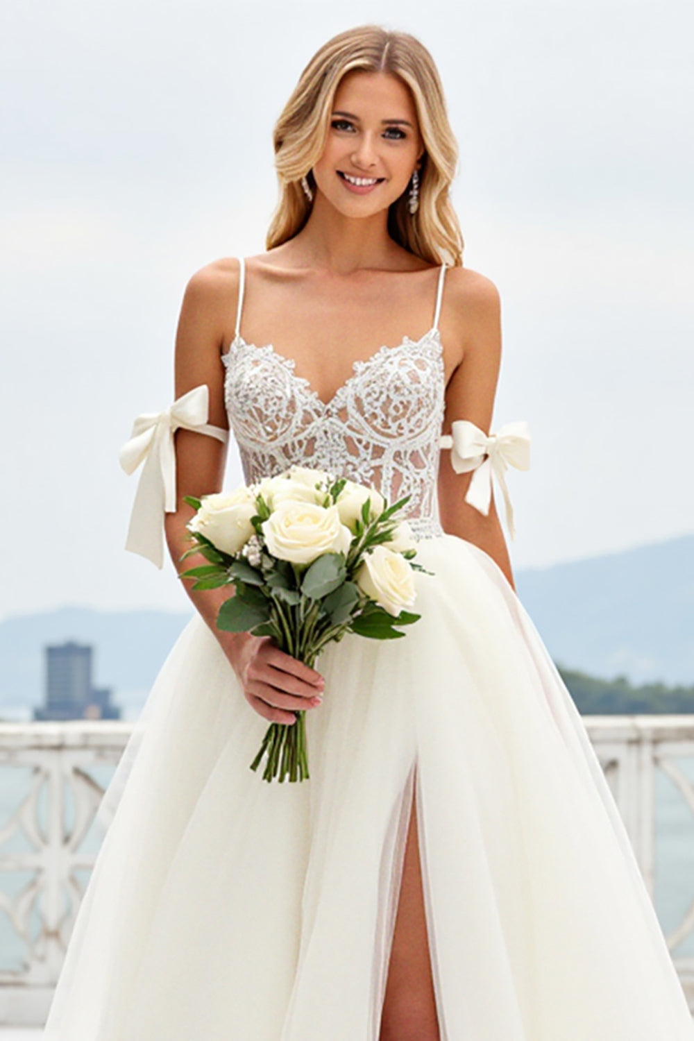 Lace Ivory Spaghetti Straps Tulle A Line Wedding Dress with Slit