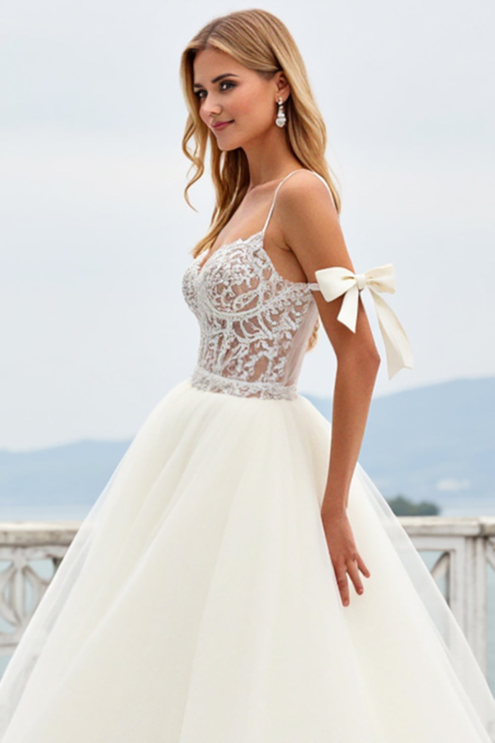 Lace Ivory Spaghetti Straps Tulle A Line Wedding Dress with Slit