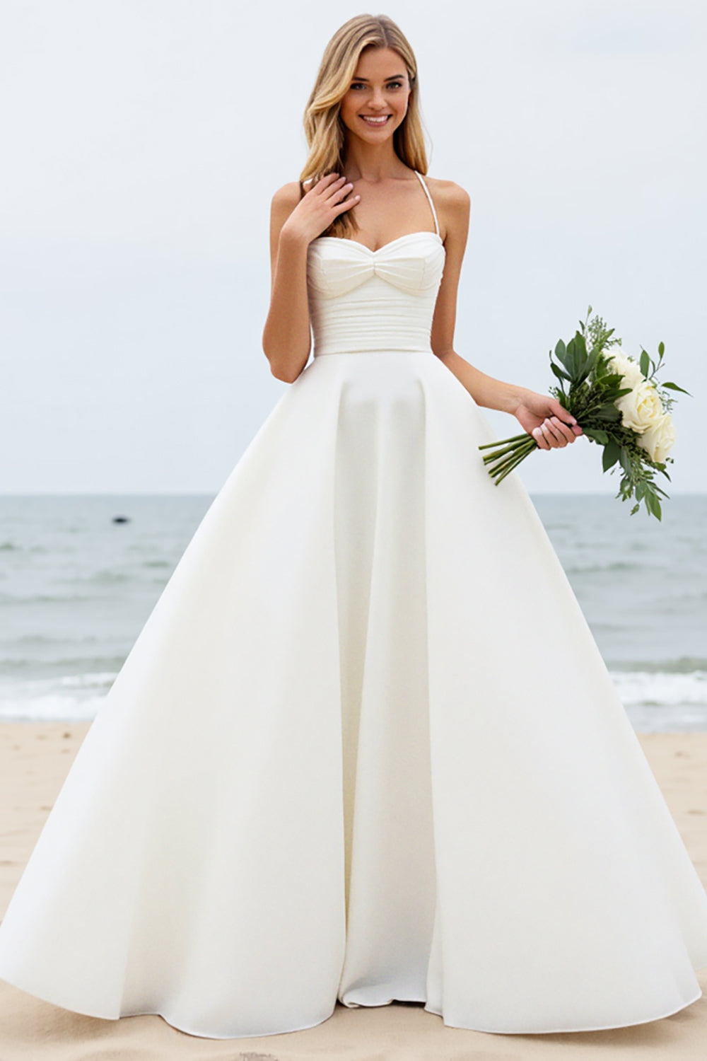 A Line Strapless Satin Ivory Wedding Dress