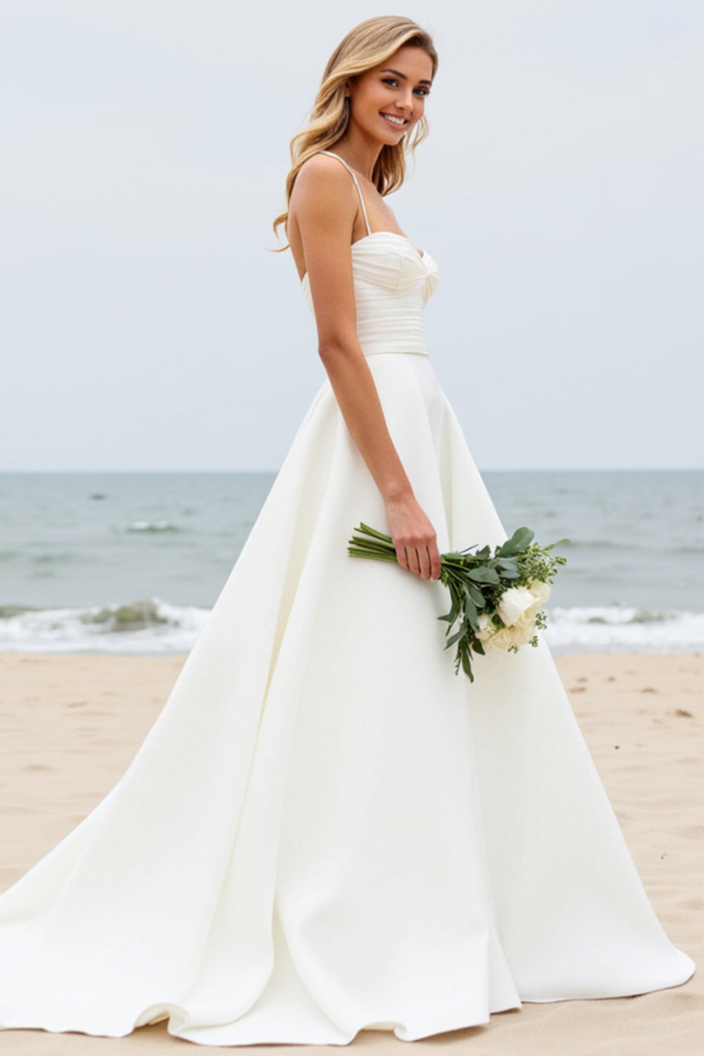 A Line Strapless Satin Ivory Wedding Dress