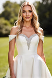 Ivory A Line Off the Shoulder Satin Wedding Dress