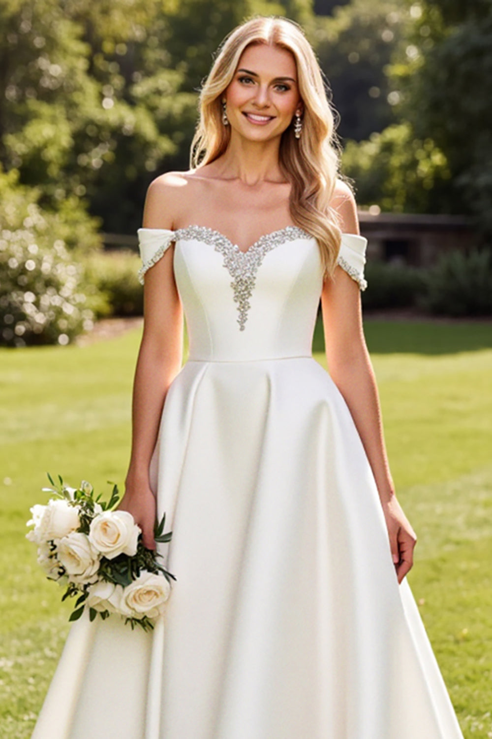 Ivory A Line Off the Shoulder Satin Wedding Dress