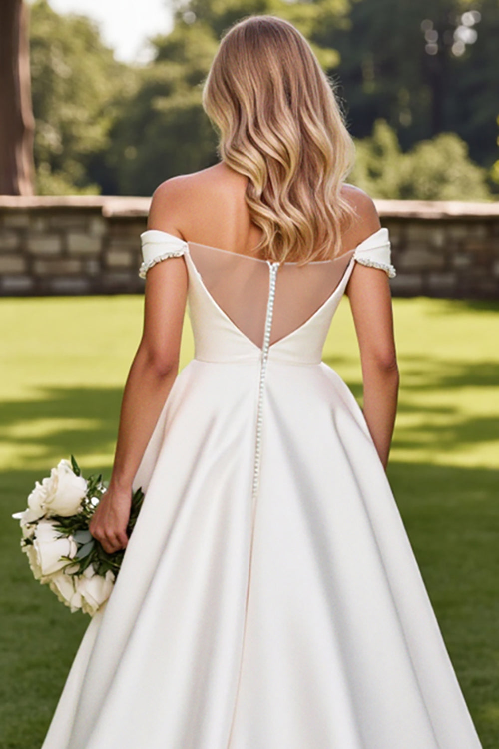 Ivory A Line Off the Shoulder Satin Wedding Dress