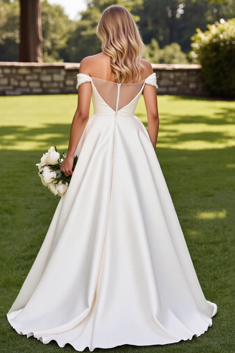 Ivory A Line Off the Shoulder Satin Wedding Dress