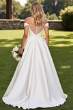 Ivory A Line Off the Shoulder Satin Wedding Dress