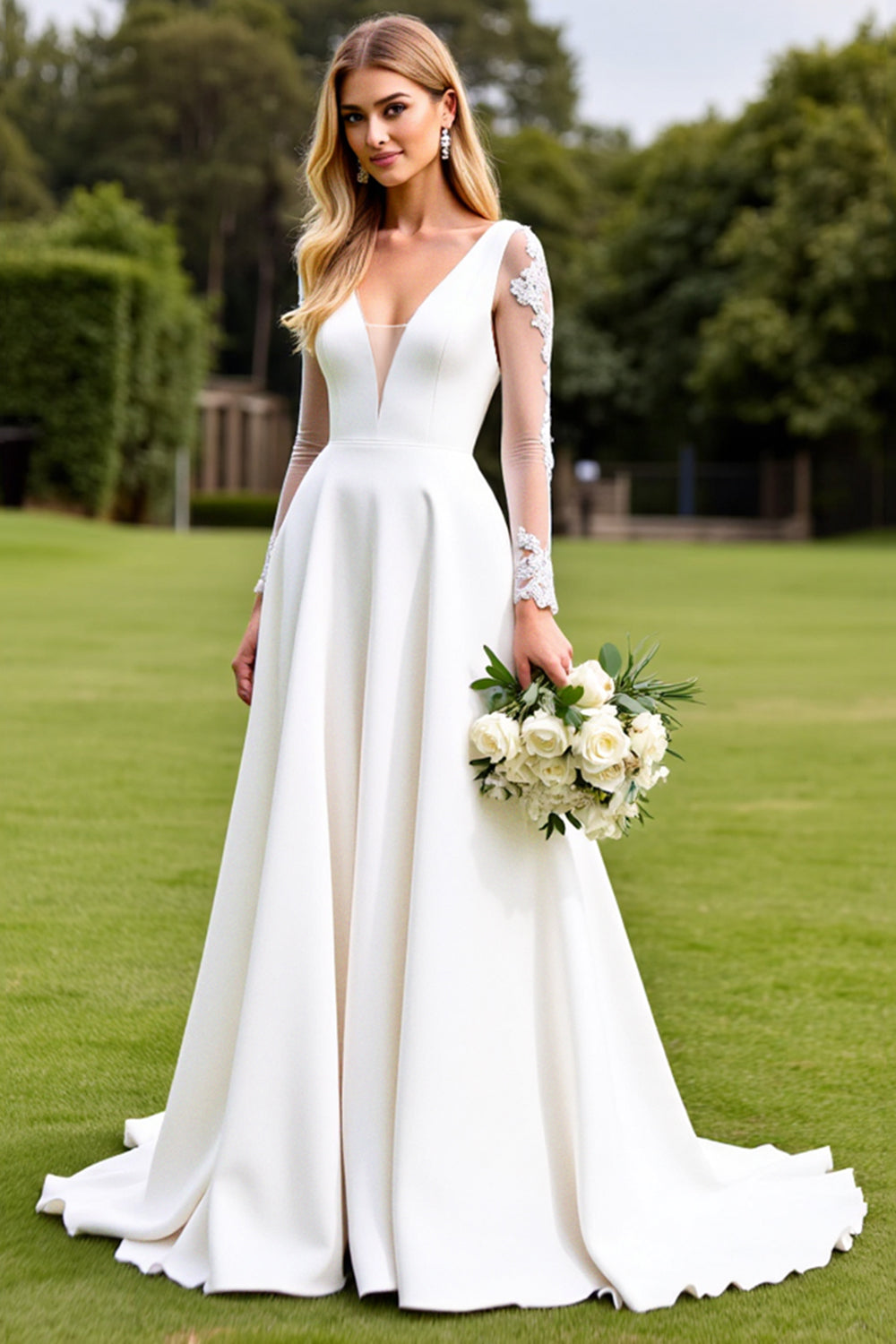 White Appliqued Satin A Line Long Sleeve Wedding Dress