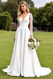 White Appliqued Satin A Line Long Sleeve Wedding Dress