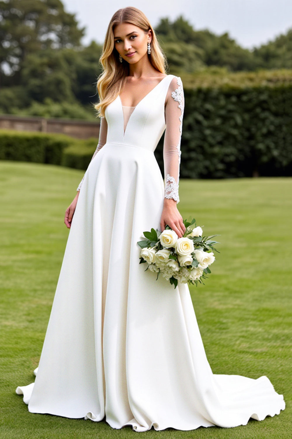 White Appliqued Satin A Line Long Sleeve Wedding Dress