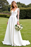 White Appliqued Satin A Line Long Sleeve Wedding Dress