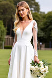 White Appliqued Satin A Line Long Sleeve Wedding Dress