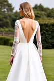White Appliqued Satin A Line Long Sleeve Wedding Dress