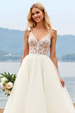 A Line Spaghetti Straps Ivory Lace Long Wedding Dress