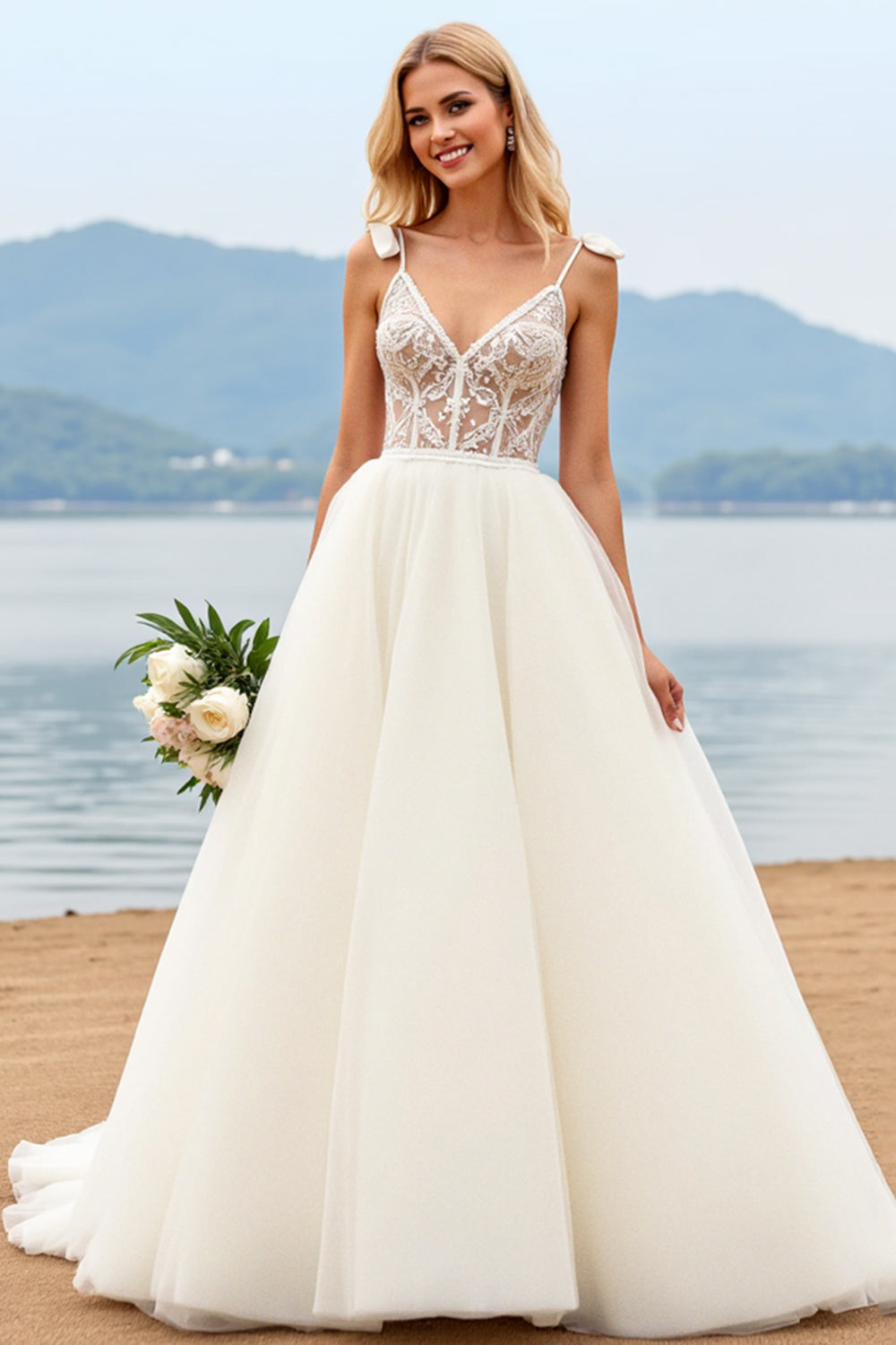 A Line Spaghetti Straps Ivory Lace Long Wedding Dress