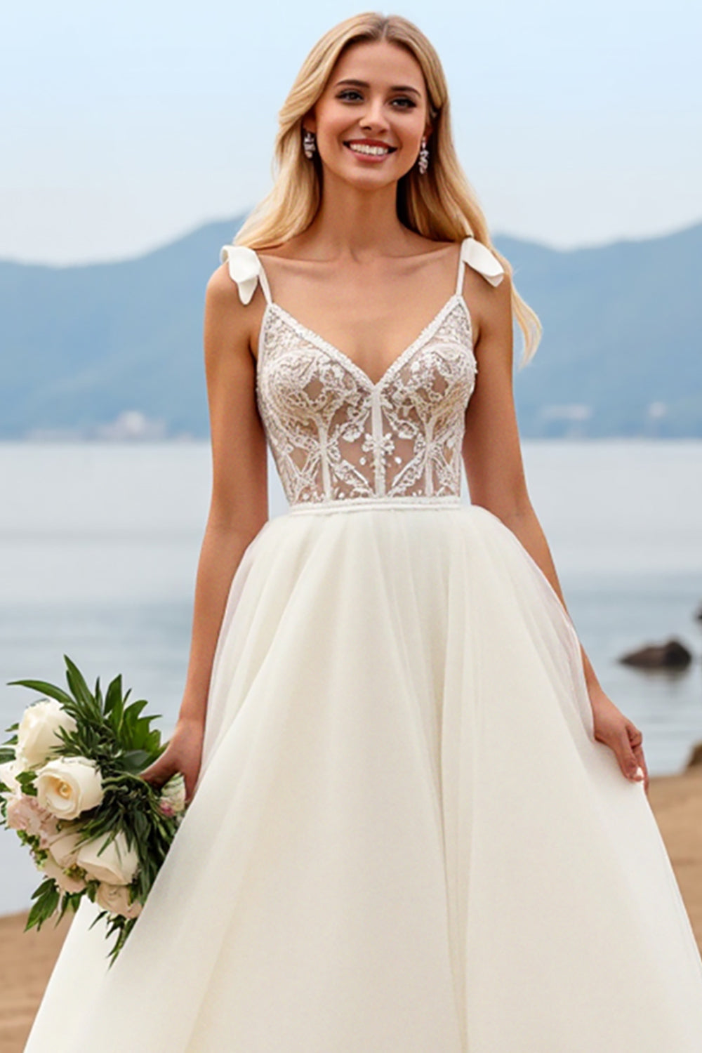 A Line Spaghetti Straps Ivory Lace Long Wedding Dress