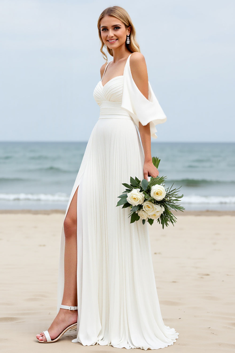 A Line White Cold Shoulder Pleated Beach Wedding Dress