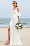 A Line White Cold Shoulder Pleated Beach Wedding Dress