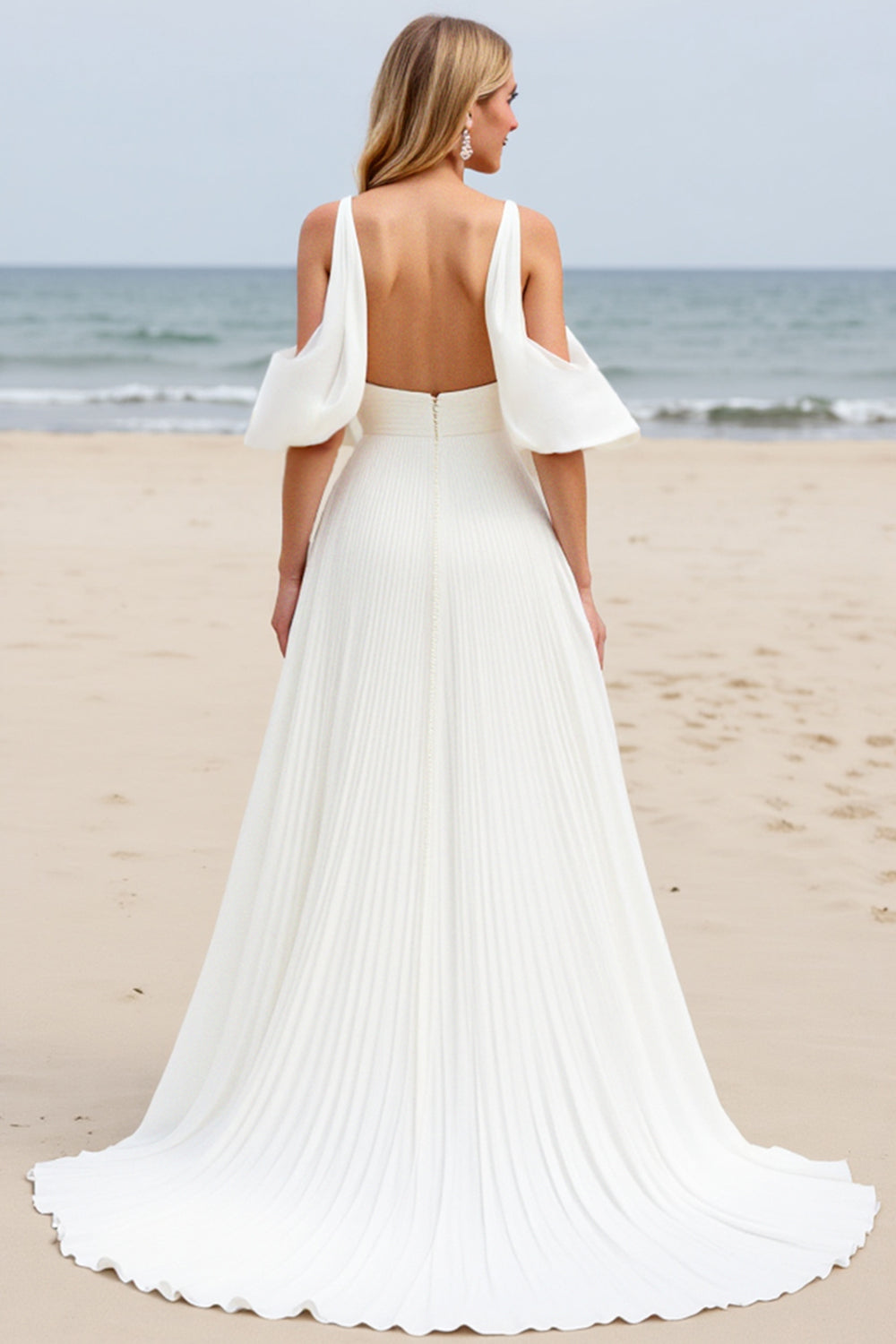A Line White Cold Shoulder Pleated Beach Wedding Dress