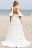 A Line White Cold Shoulder Pleated Beach Wedding Dress