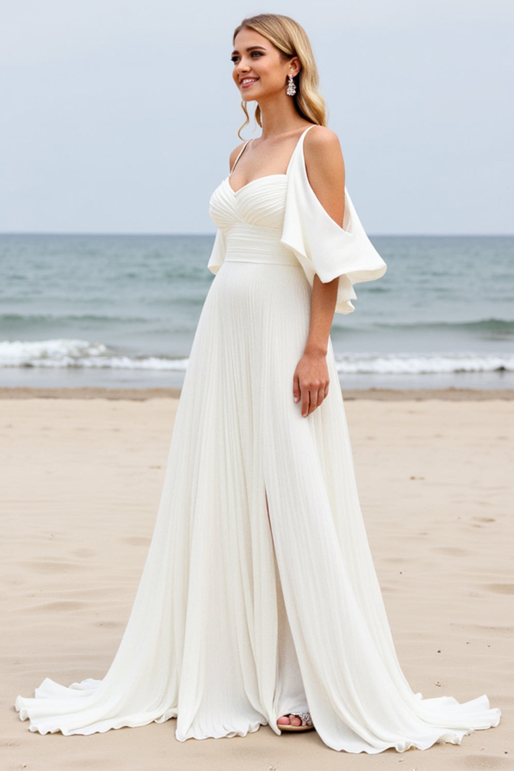 A Line White Cold Shoulder Pleated Beach Wedding Dress