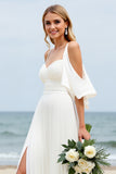 A Line White Cold Shoulder Pleated Beach Wedding Dress