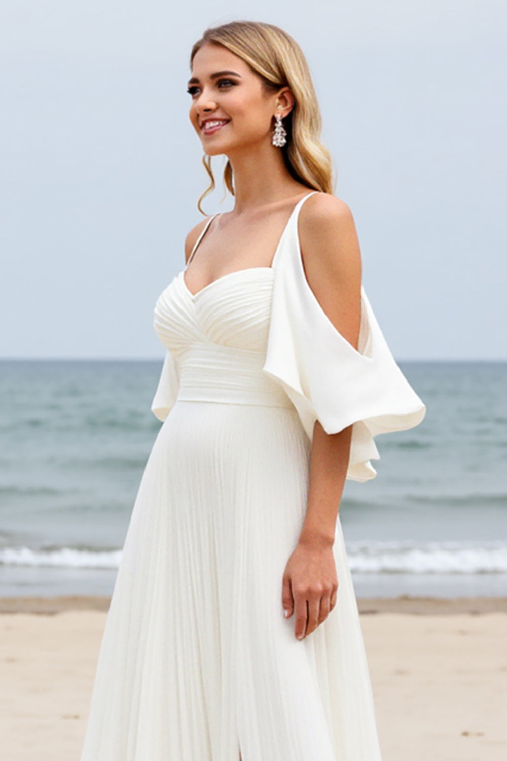 A Line White Cold Shoulder Pleated Beach Wedding Dress