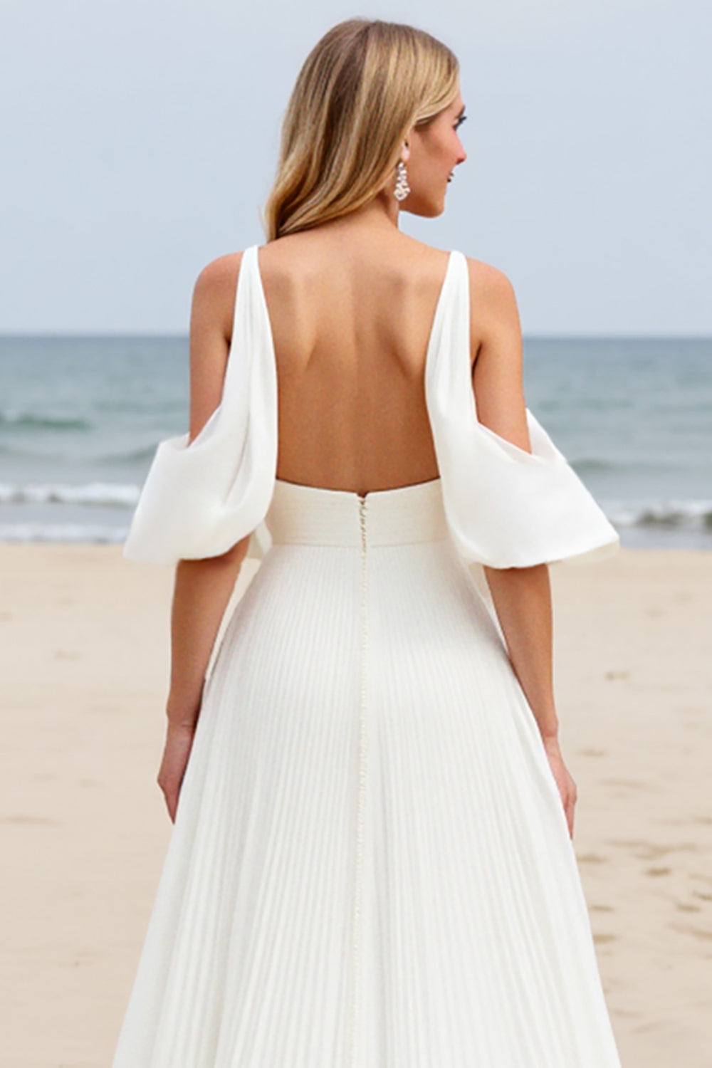 A Line White Cold Shoulder Pleated Beach Wedding Dress