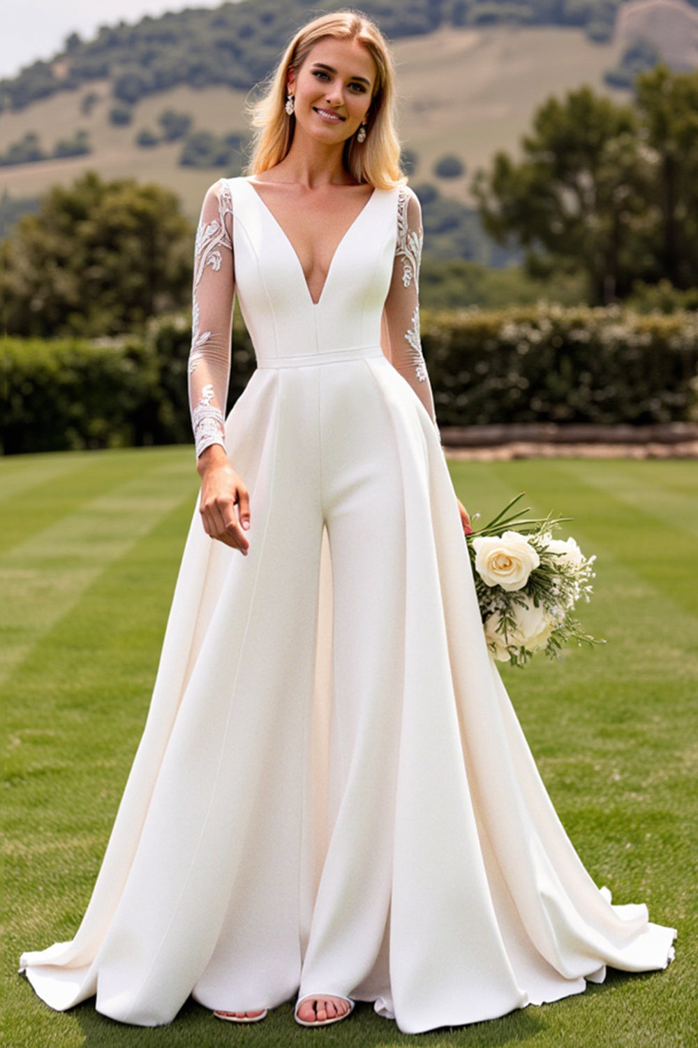 A Line Long Sleeve Ivory Appliqued Wedding Dress