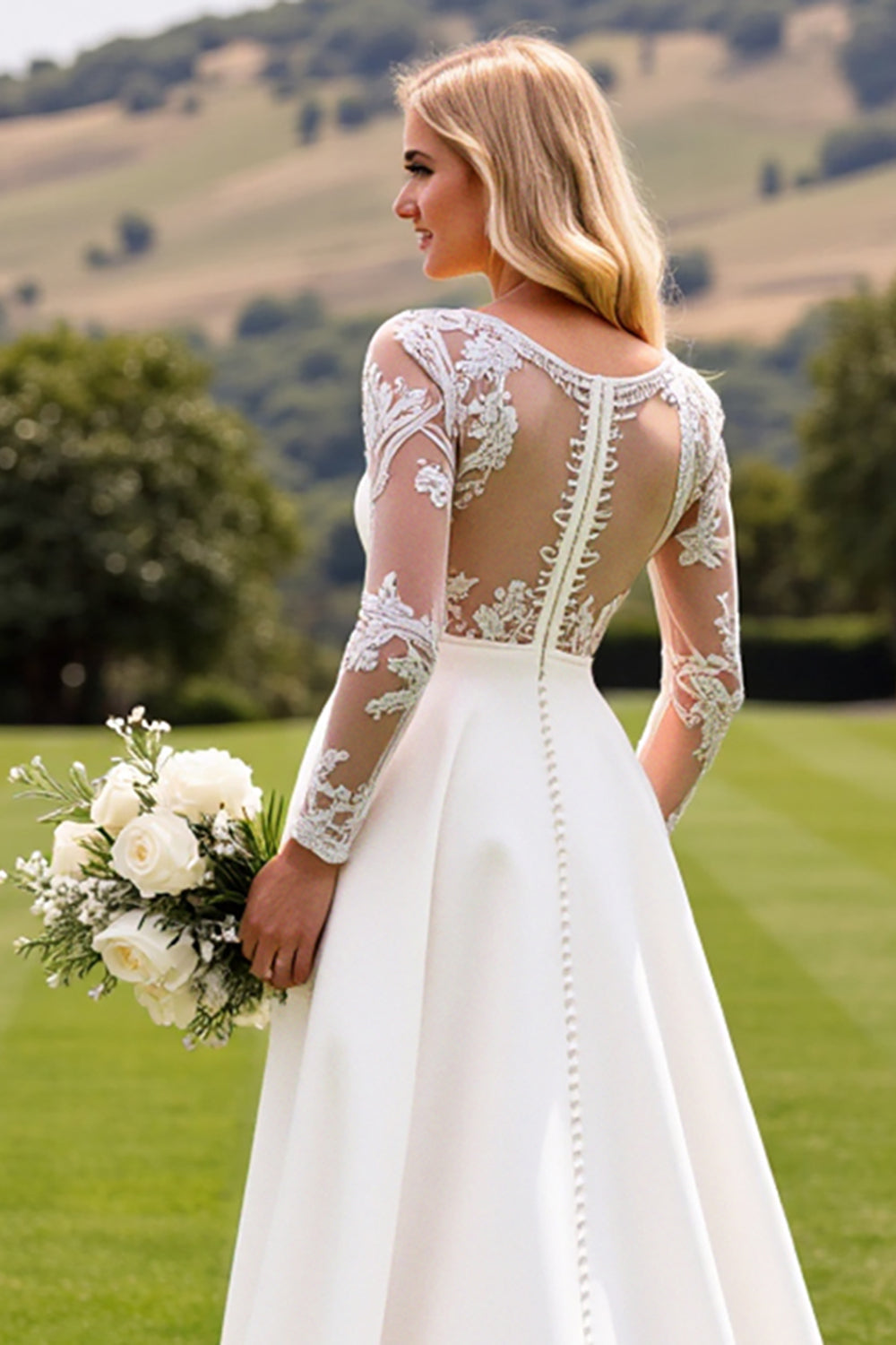 A Line Long Sleeve Ivory Appliqued Wedding Dress