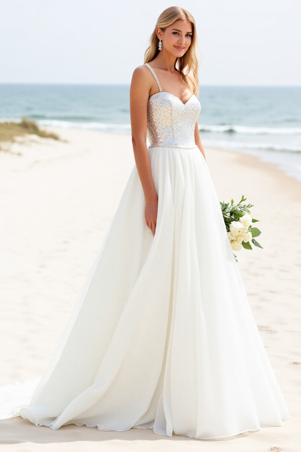 A Line Spaghetti Straps Ivory Sequin Long Wedding Dress