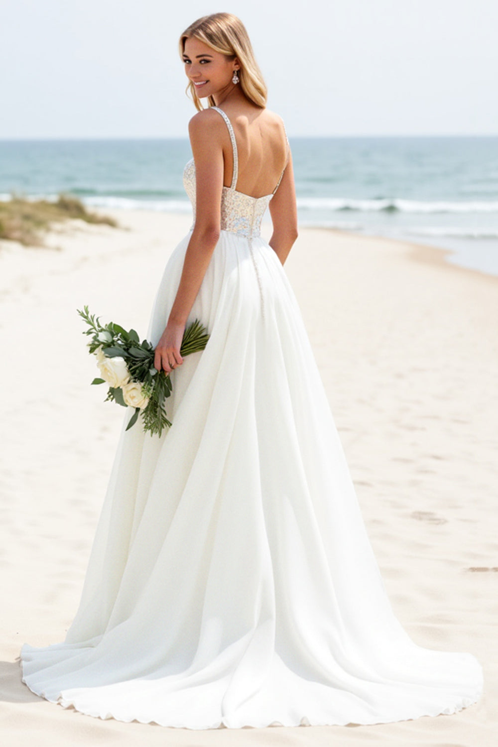 A Line Spaghetti Straps Ivory Sequin Long Wedding Dress