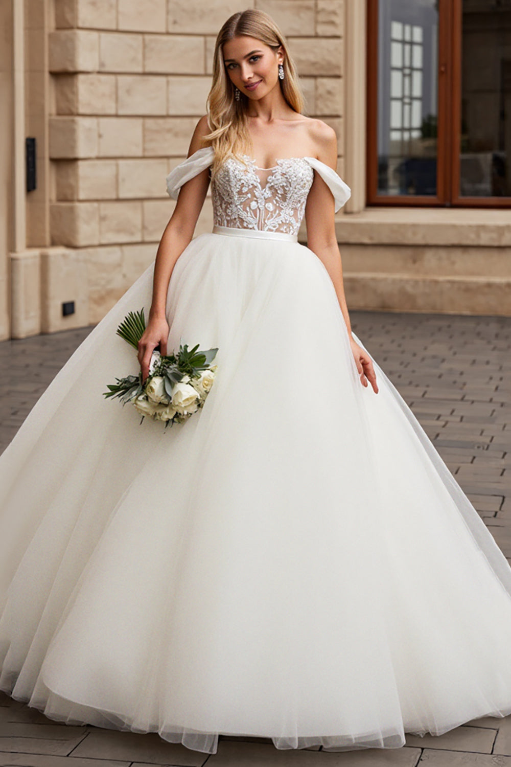 Ivory Off The Shoulder Lace Tulle Ball-Gown Wedding Dress