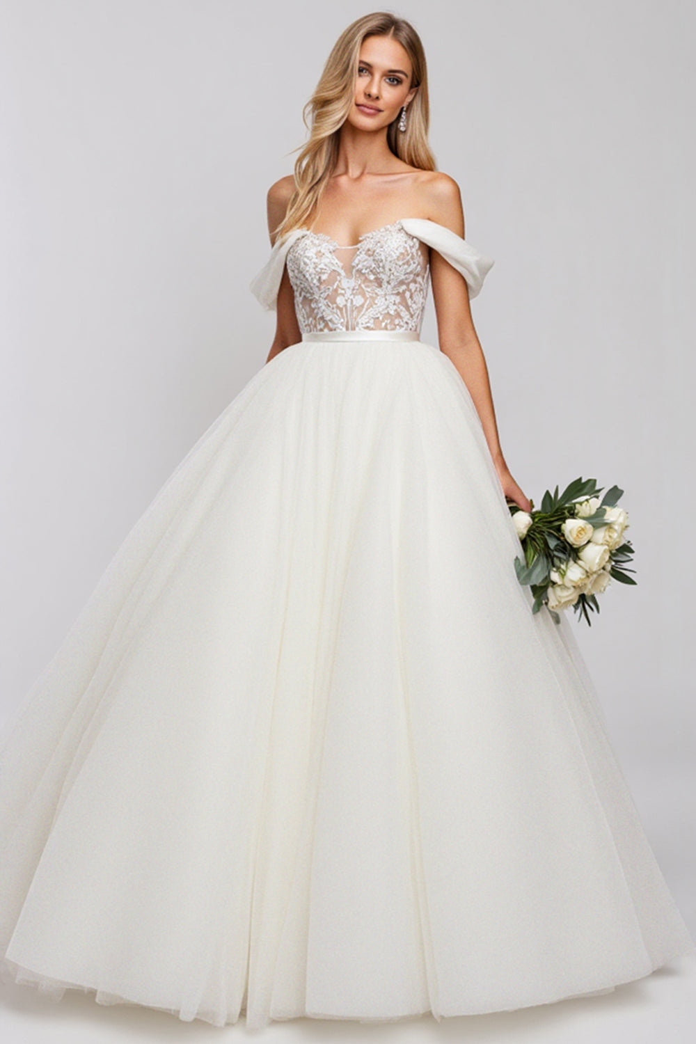 Ivory Off The Shoulder Lace Tulle Ball-Gown Wedding Dress