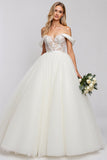 Ivory Off The Shoulder Lace Tulle Ball-Gown Wedding Dress