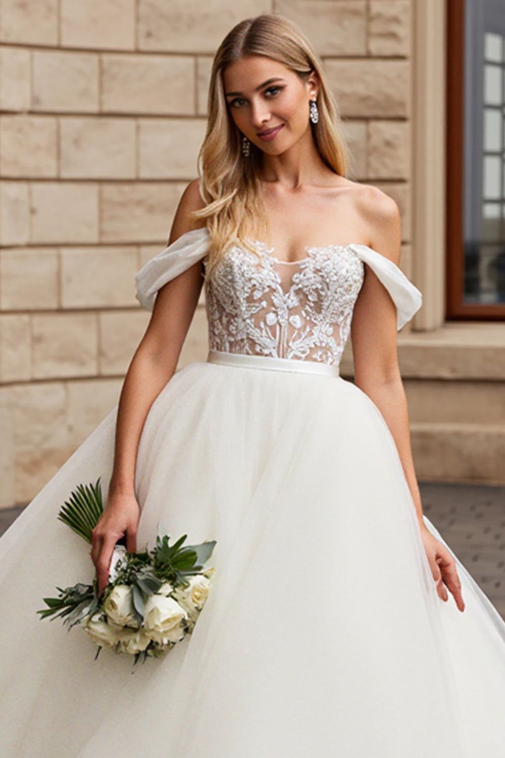 Ivory Off The Shoulder Lace Tulle Ball-Gown Wedding Dress