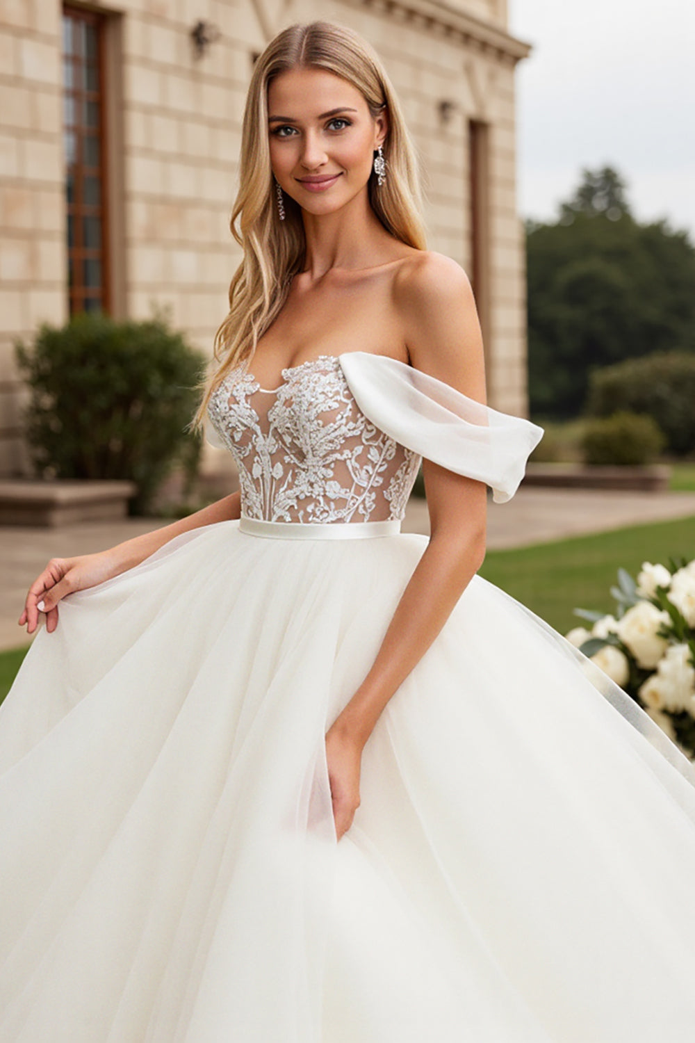 Ivory Off The Shoulder Lace Tulle Ball-Gown Wedding Dress
